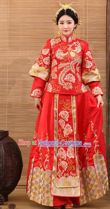 Traditional Ancient Chinese Costume Red Xiuhe Suits Wedding Embroidered Clothing for Women