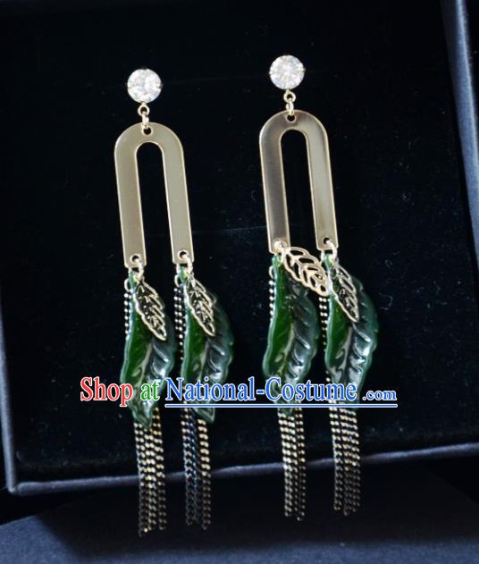 European Western Bride Vintage Green Leaf Tassel Earbob Accessories Renaissance Earrings for Women