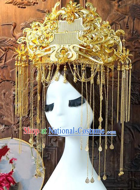 Chinese Handmade Classical Hair Accessories Ancient Hanfu Hairpins Queen Golden Tassel Phoenix Coronet for Women