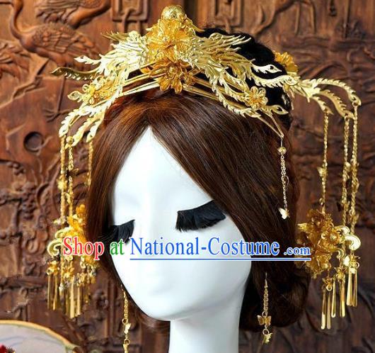 Chinese Handmade Classical Wedding Hair Accessories Ancient Hanfu Golden Hairpins Bride Phoenix Coronet for Women