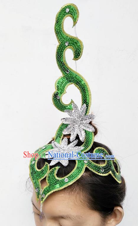 Chinese Classical Dance Yangge Folk Fan Dance Hair Accessories Yangko Green Paillette Headwear for Women