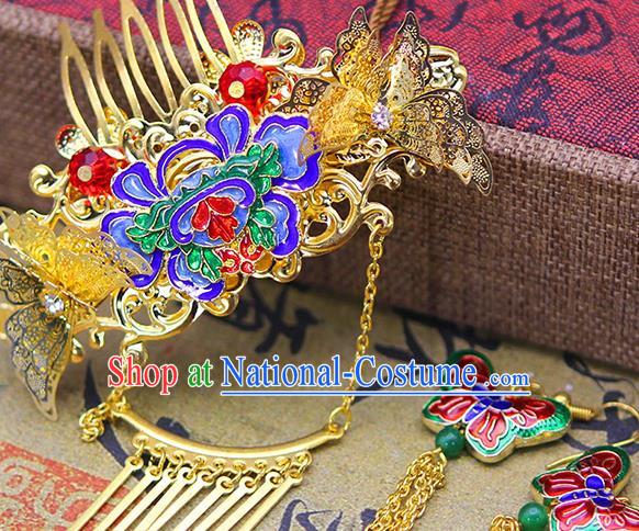 Handmade Asian Chinese Ancient Palace Lady Hair Accessories Hanfu Cloisonne Hair Comb and Earrings for Women