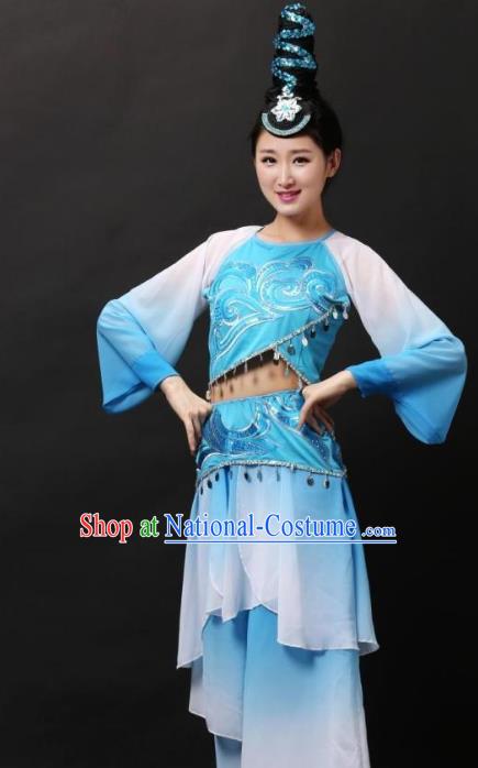 Traditional Chinese Classical Dance Blue Costume, China Classical Folk Dance Clothing for Women