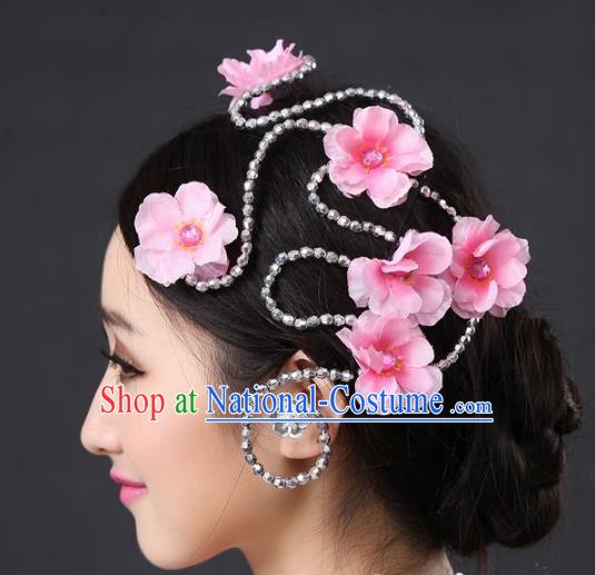 Chinese Classical Yangge Folk Fan Dance Hair Accessories Yangko Pink Flowers Headwear for Women