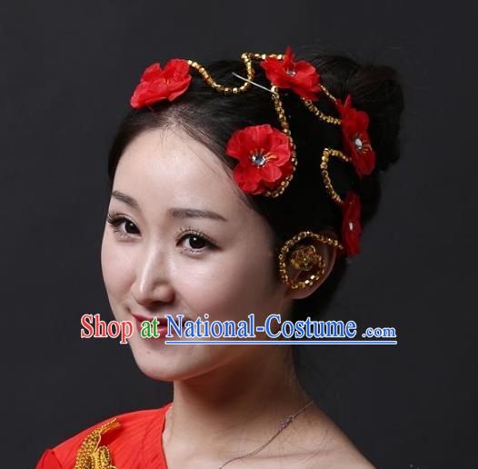 Chinese Classical Yangge Folk Fan Dance Hair Accessories Yangko Red Flowers Headwear for Women