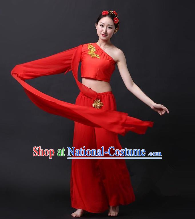 Traditional Chinese Classical Yangge Dance Costume, China Folk Dance Single Sleeve Red Clothing for Women