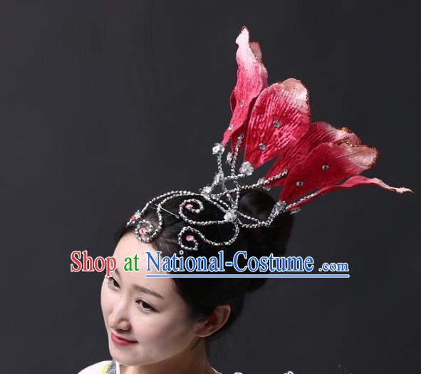 Chinese Classical Yangge Folk Fan Dance Hair Accessories Yangko Red Lotus Headwear for Women