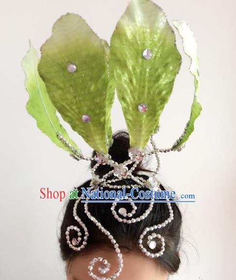 Chinese Classical Yangge Folk Fan Dance Hair Accessories Yangko Green Lotus Headwear for Women