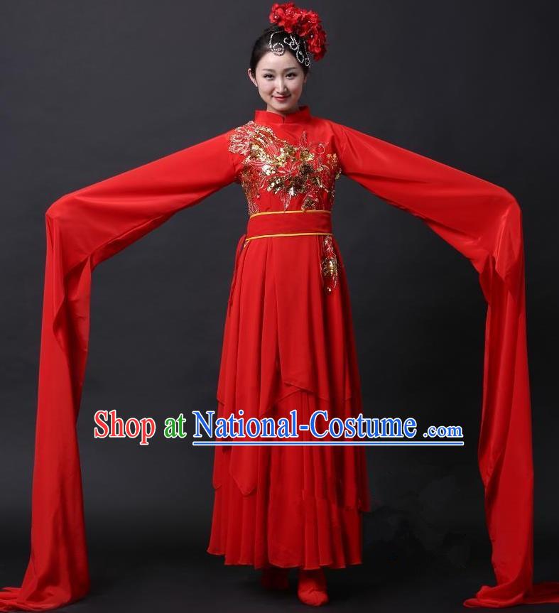 Traditional Chinese Classical Yangge Dance Water Sleeve Costume, China Yanko Folk Dance Clothing for Women