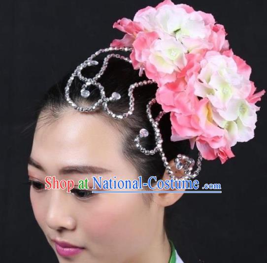 Chinese Classical Yangge Dance Hair Accessories Folk Dance Pink Flowers Headwear for Women