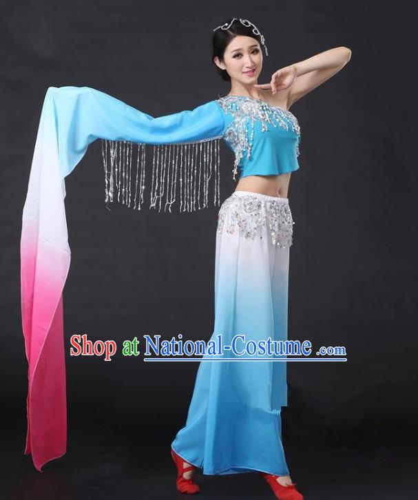 Traditional Chinese Yangge Folk Dance Water Sleeve Costume, China Yanko Dance Blue Clothing for Women