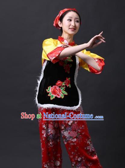 Traditional Chinese Yangge Folk Drum Dance Costume, China Yanko Dance Yellow Clothing for Women