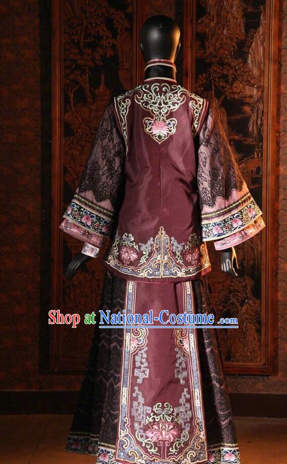 Traditional Chinese Qing Dynasty Dowager Countess Embroidered Costume Purple Xiuhe Suits for Women