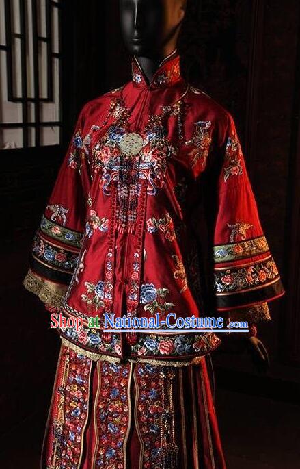 Traditional Chinese Qing Dynasty Young Mistress Embroidered Costume Red Xiuhe Suits for Women