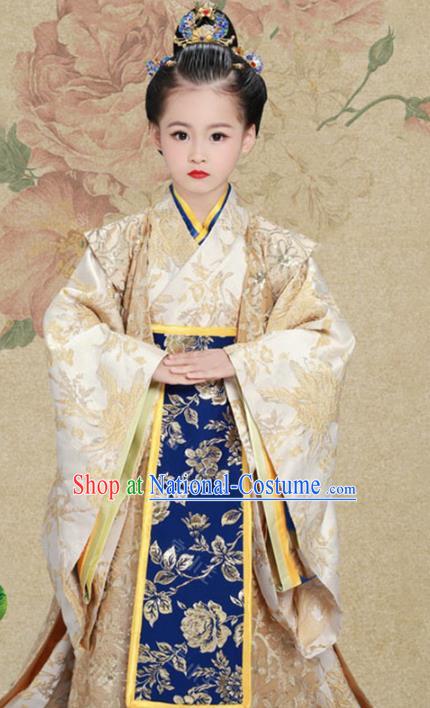 Traditional Chinese Han Dynasty Imperial Empress Trailing Embroidered Costume and Headpiece for Kids