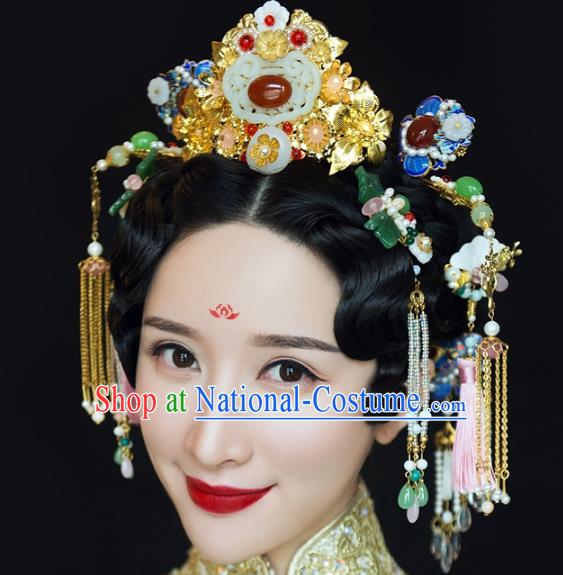 Chinese Handmade Classical Hairpins Ancient Wedding Jade Phoenix Coronet Headdress Complete Set for Women