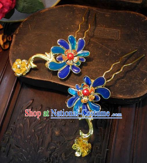 Chinese Handmade Classical Hair Accessories Ancient Wedding Headdress Blueing Lotus Hairpins for Women