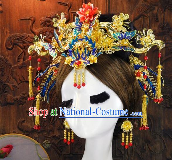 Chinese Handmade Classical Hair Accessories Ancient Wedding Headdress Blueing Phoenix Coronet Hairpins for Women