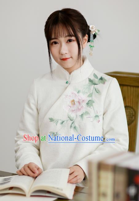 Traditional Chinese National Costume Cheongsam Blouse Tangsuit Embroidered Peony Coats for Women