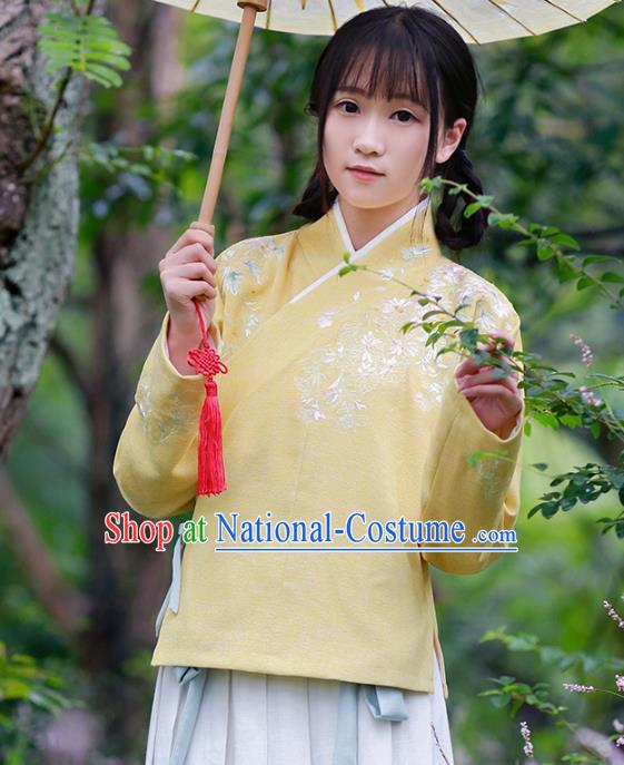 Traditional Chinese National Costume Embroidered Cheongsam Blouse Tangsuit Yellow Shirts for Women