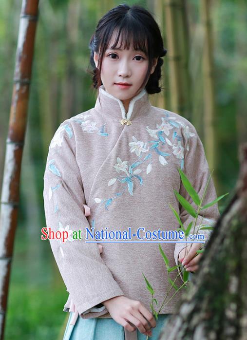 Traditional Chinese National Costume Embroidered Hanfu Cotton-padded Blouse Tangsuit Shirts for Women