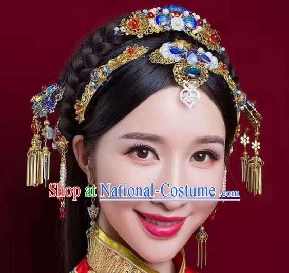 Chinese Handmade Classical Cloisonne Hair Accessories Ancient Wedding Headdress Phoenix Coronet Hairpins for Women