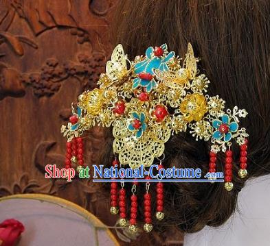 Chinese Handmade Classical Cloisonne Hair Accessories Ancient Wedding Headdress Tassel Hairpins for Women