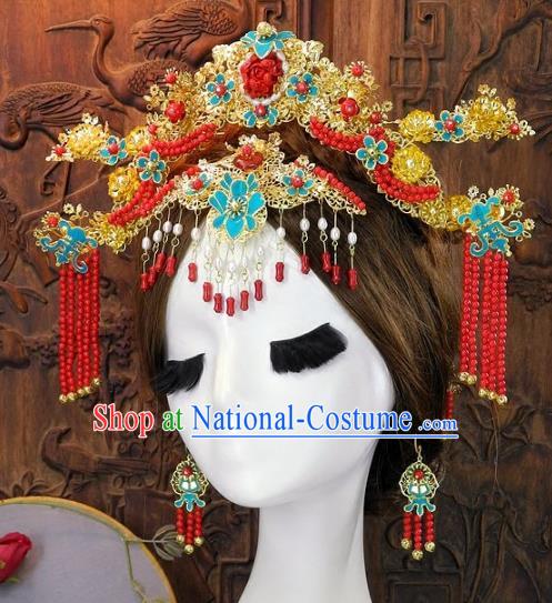 Chinese Handmade Classical Cloisonne Hair Accessories Ancient Wedding Phoenix Coronet Hairpins for Women