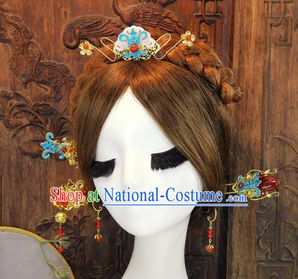 Chinese Handmade Classical Cloisonne Hair Accessories Ancient Wedding Jade Hairpins for Women