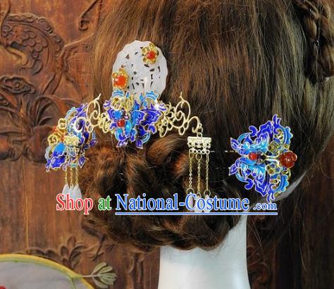 Chinese Handmade Classical Blueing Hair Accessories Ancient Wedding Hair Stick Hairpins Complete Set for Women