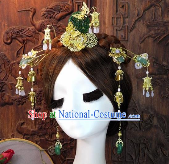 Chinese Handmade Classical Wedding Hair Accessories Ancient Bride Jade Hairpins Complete Set for Women