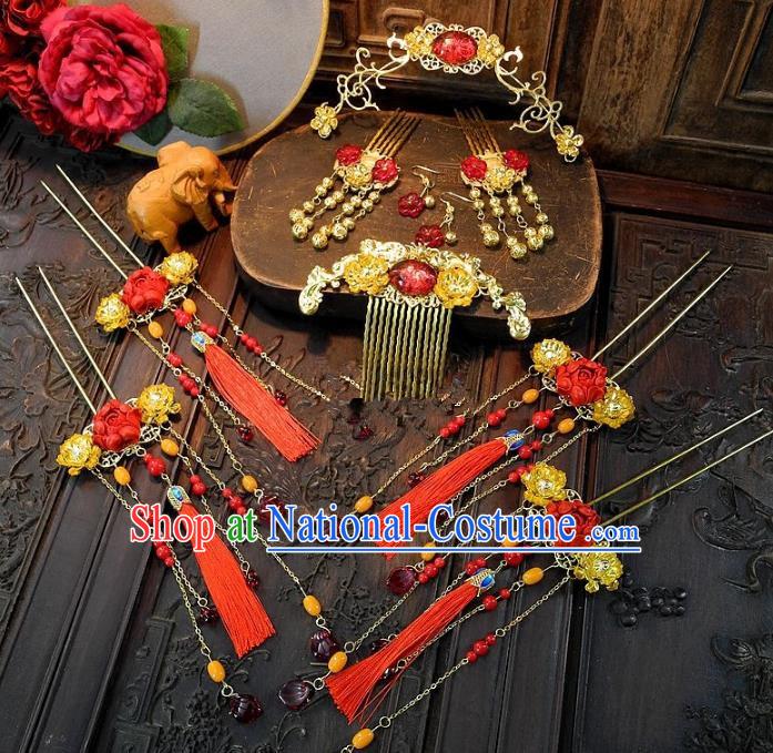 Chinese Handmade Classical Wedding Hair Accessories Ancient Bride Red Tassel Hairpins Complete Set for Women