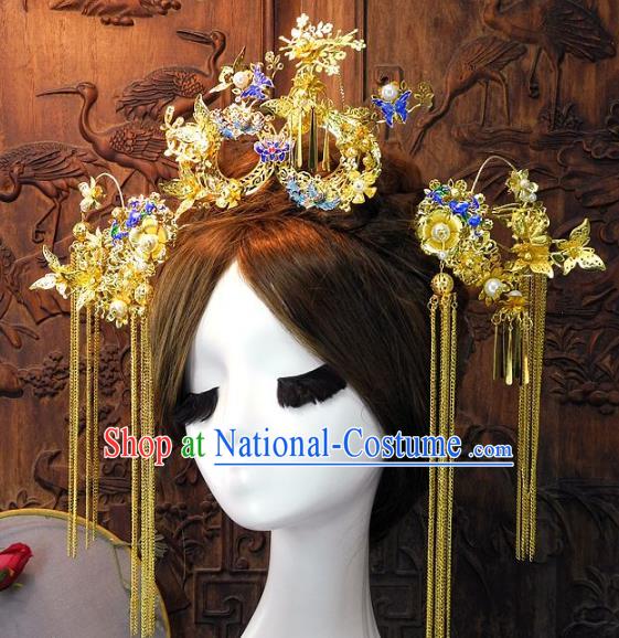 Chinese Handmade Classical Wedding Hair Accessories Ancient Bride Cloisonne Phoenix Coronet Complete Set for Women