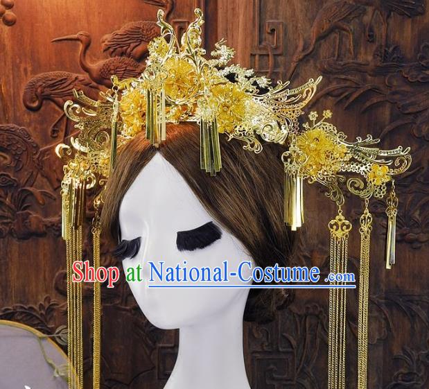 Chinese Handmade Classical Golden Phoenix Coronet Ancient Queen Hanfu Wedding Headdress Hair Accessories for Women