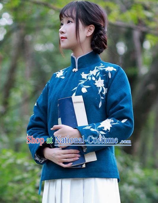 Traditional Chinese National Costume Embroidered Hanfu Navy Cotton-padded Blouse Tangsuit Shirts for Women