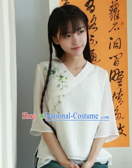 Traditional Chinese National Costume Embroidered Hanfu Blouse Tangsuit White Shirts for Women