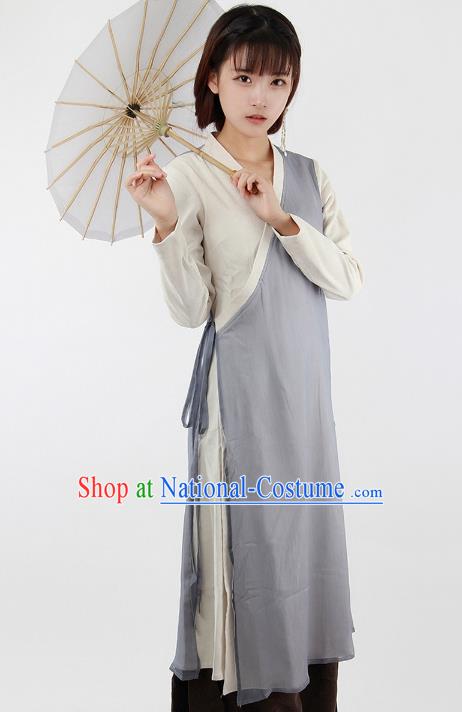 Traditional Chinese National Costume Embroidered Cheongsam Shirts Hanfu Grey Dress for Women