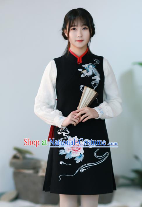 Traditional Chinese National Costume Embroidered Hanfu Black Vests Tang Suit Shirts for Women