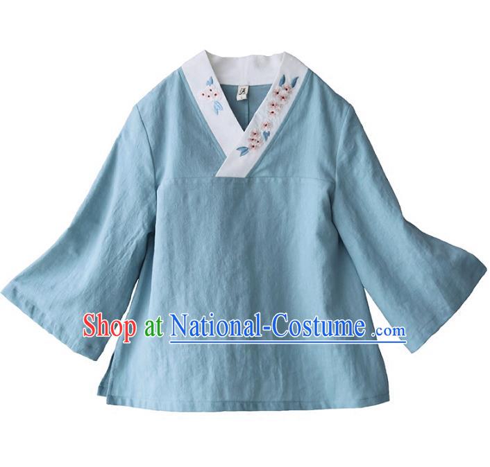 Traditional Chinese National Costume Embroidered Blue Shirts Hanfu Cheongsam Blouse for Women