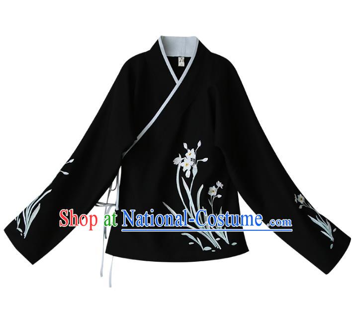 Traditional Chinese National Costume Embroidered Black Shirts Hanfu Cheongsam Blouse for Women