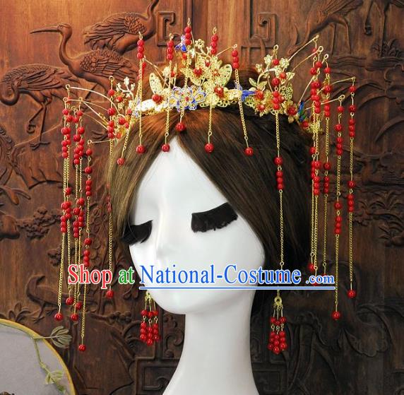 Chinese Handmade Classical Wedding Hair Accessories Ancient Red Phoenix Coronet Headdress for Women