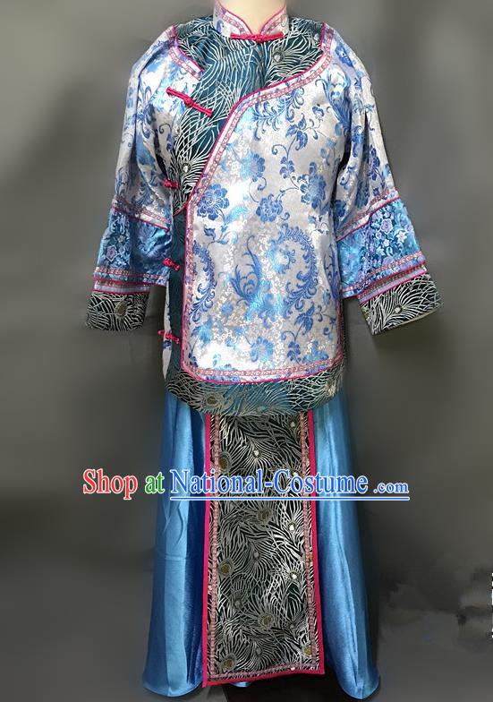 Traditional Chinese Qing Dynasty Young Mistress Costume Ancient Embroidered Blue Xiuhe Suit for Women