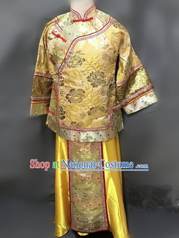 Traditional Chinese Qing Dynasty Young Mistress Costume Ancient Embroidered Yellow Xiuhe Suit for Women