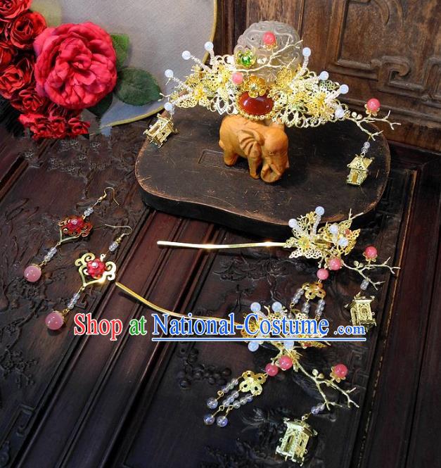 Chinese Handmade Classical Wedding Hair Accessories Ancient Hanfu Jade Phoenix Coronet Headdress for Women