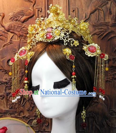 Chinese Handmade Classical Wedding Hair Accessories Ancient Hanfu Pink Jade Phoenix Coronet Headdress for Women