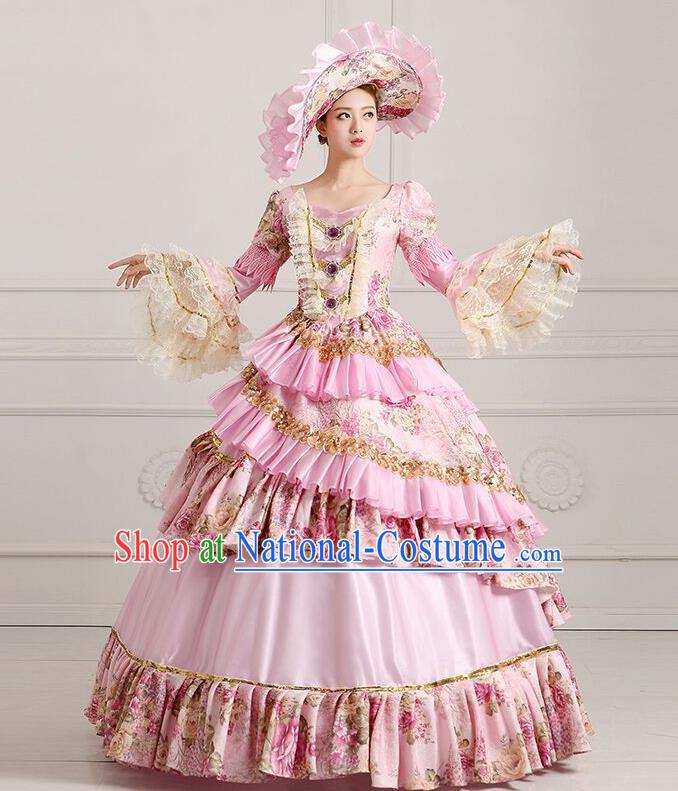 Traditional European Court Princess Renaissance Costume Dance Ball Dowager Pink Full Dress for Women