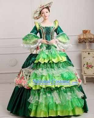 Traditional European Court Princess Renaissance Costume Dance Ball Dowager Green Full Dress for Women