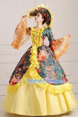 Traditional European Court Princess Renaissance Costume Dance Ball Dowager Yellow Full Dress for Women