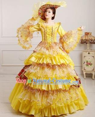 Traditional European Court Dowager Renaissance Costume Dance Ball Yellow Full Dress for Women