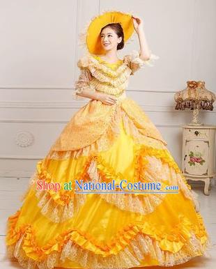 Traditional European Court Princess Renaissance Costume Dance Ball Yellow Layered Full Dress for Women